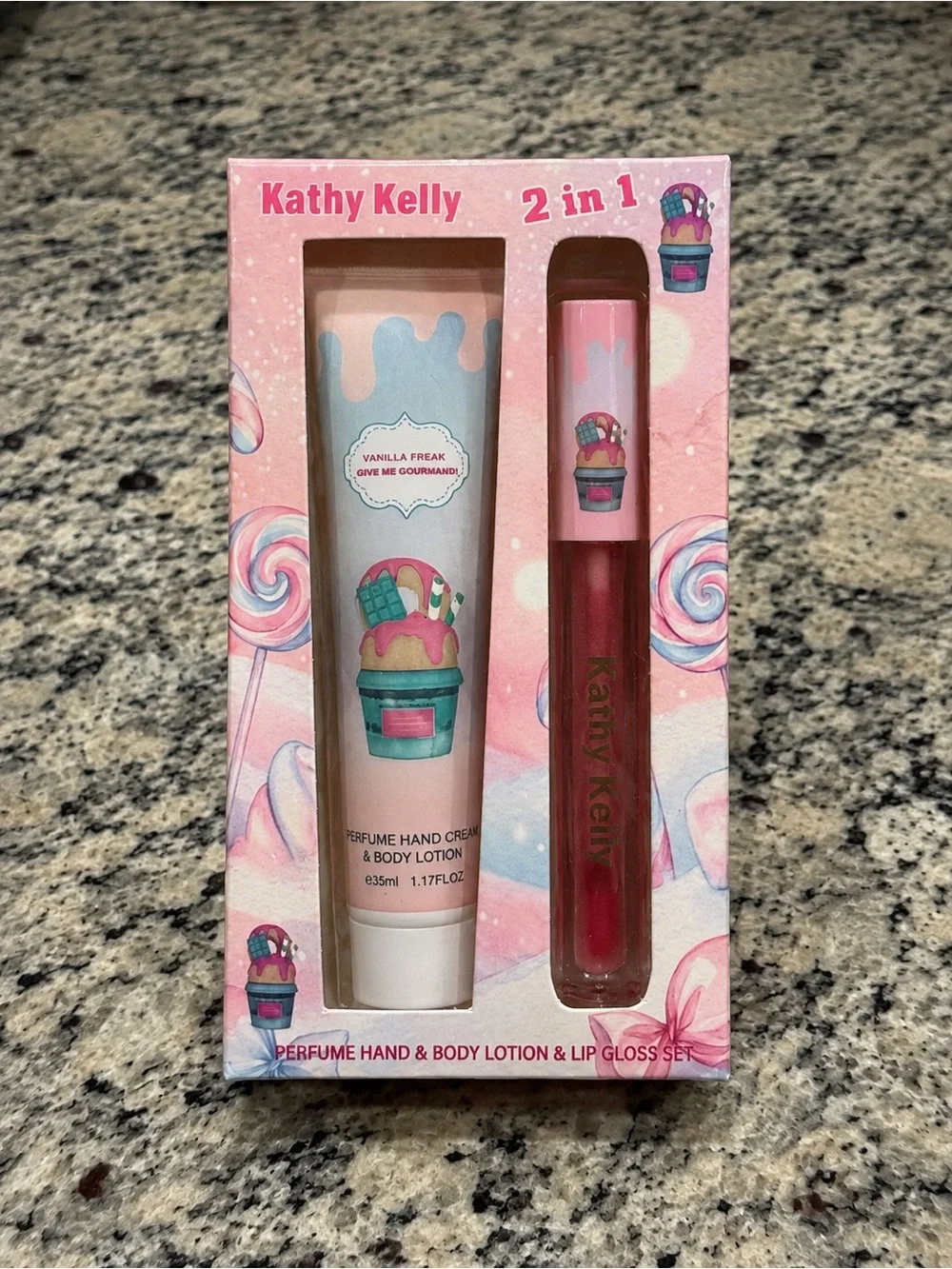 Kathy Kelly Vanilla Freak 2-in-1 Hand & Body Lotion + Lip Gloss Set